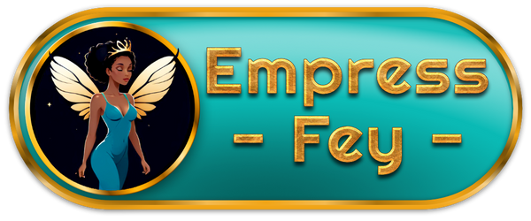 Empress Fey Logo - Fairy standing against black circular background with golden text reading brand name